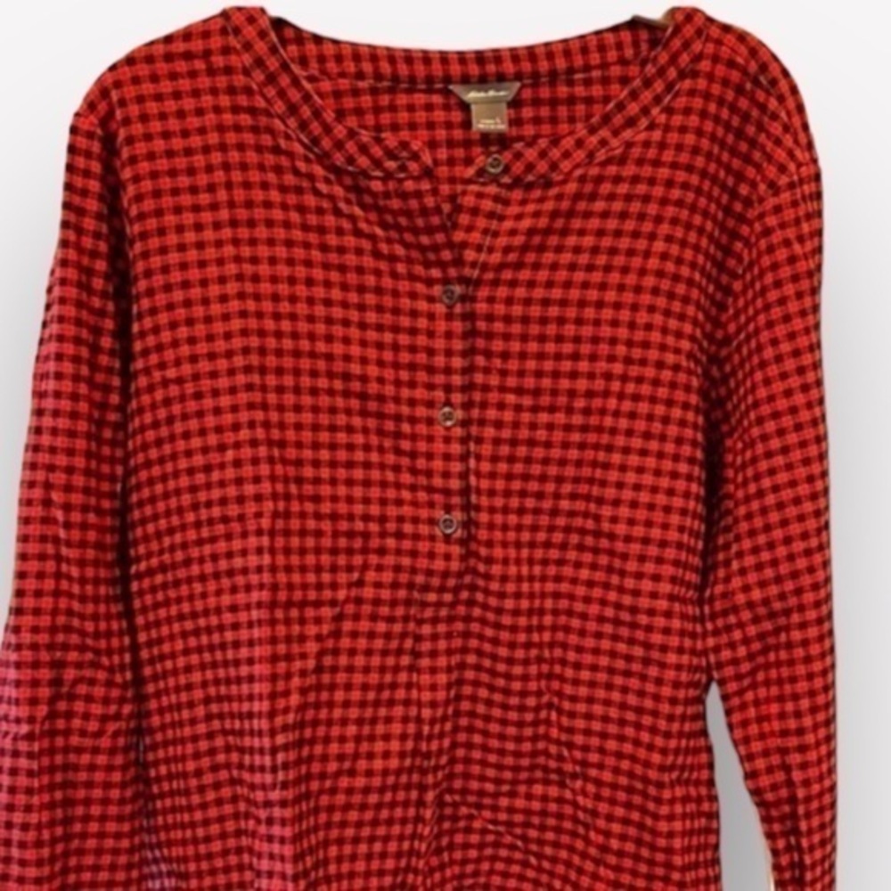 🍕🐠Eddie Bauer flannel shirt henley pullover plaid red black large CLOSEOUT